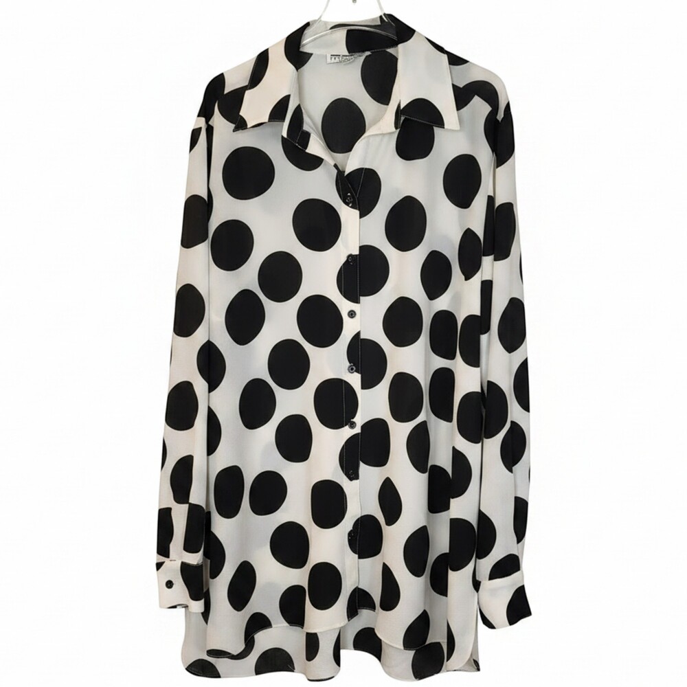 Mishca XL White Black Polka Dot Long Sleeve Collared Button Down Tunic Blouse